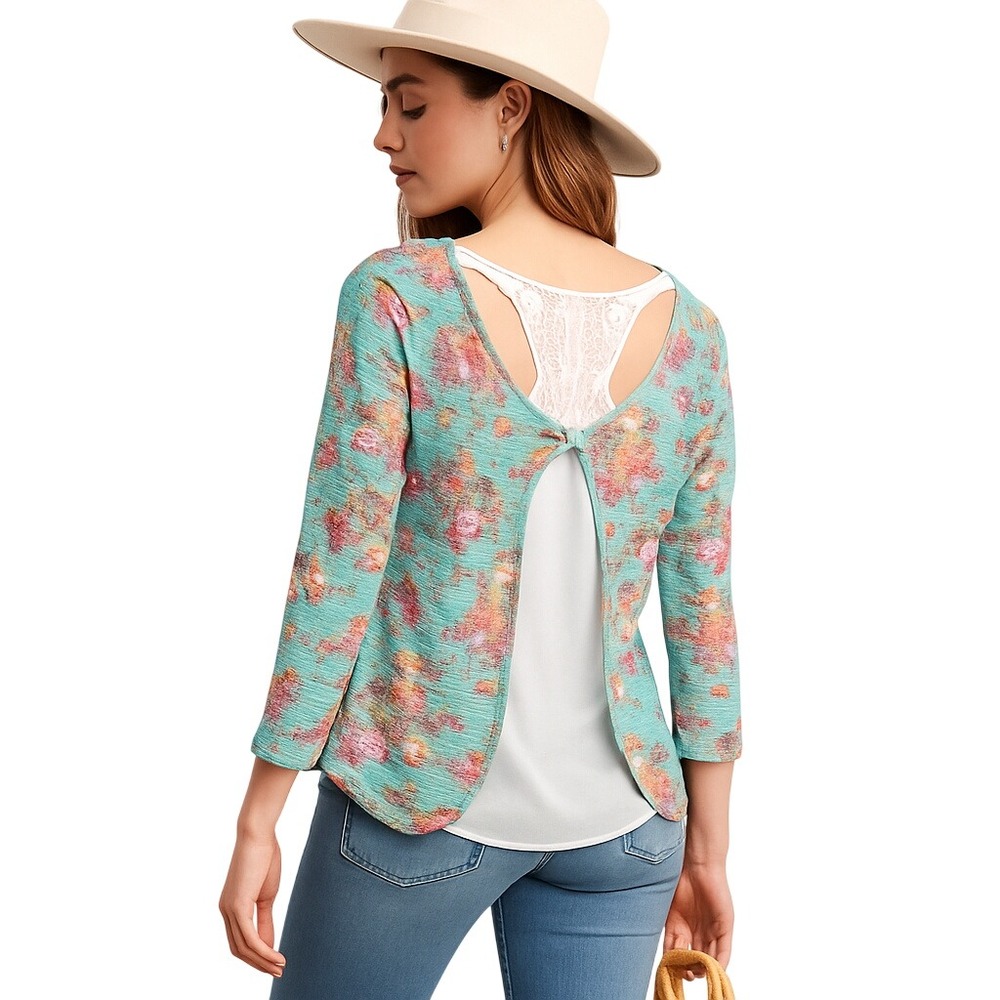 Womens Floral Open Back Lace Top Juniors Size Small‎ Boho Y2K Fairy Layered Look